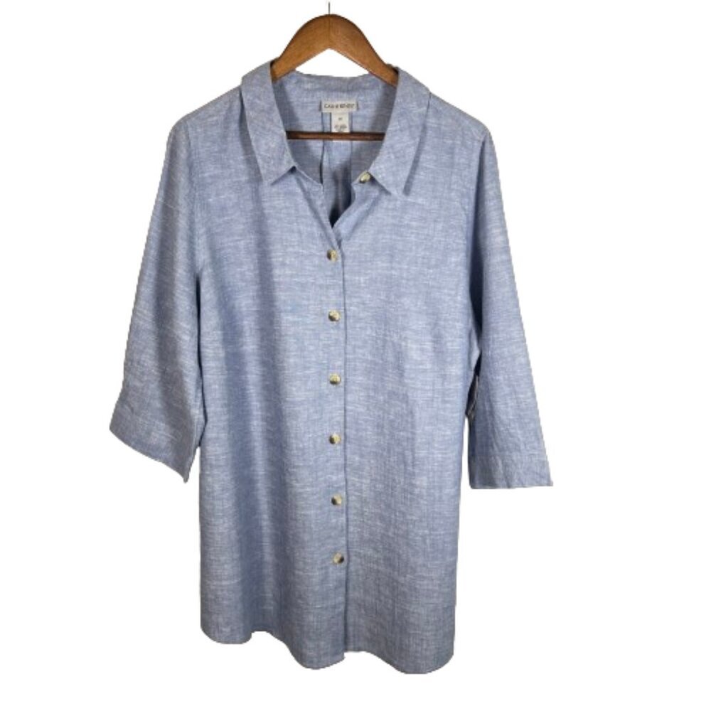 Catherines Womens Linen Blend Button Up Shirt 14W 16W Blue Coastal Casual NWT